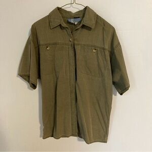 Vintage 80s relaxed fit cotton blouse, neutral olive khaki, button front